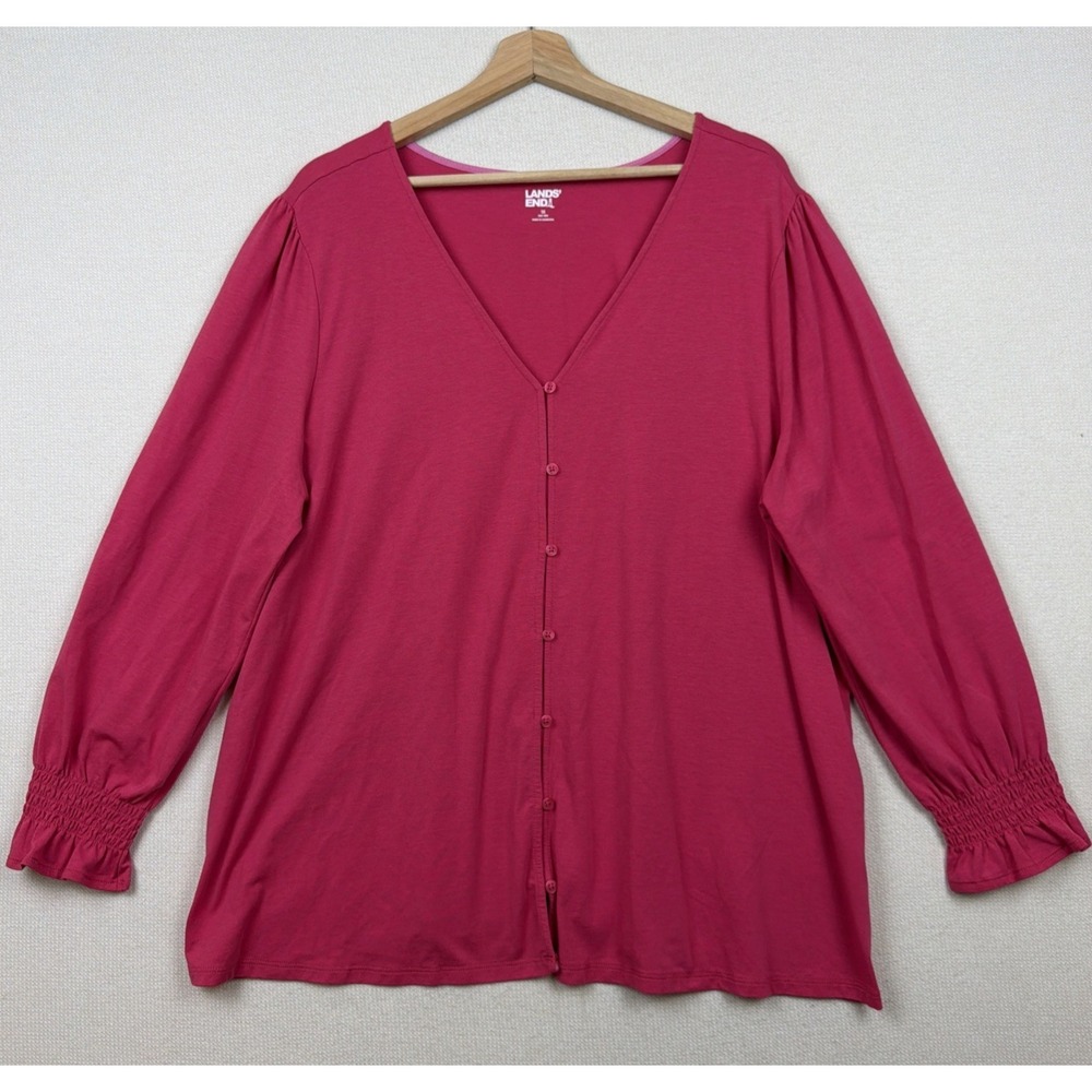 Lands' End Women's Long Sleeve Button Up Pink Blouse Plus Size 1X Top V-Neck
